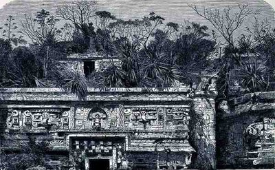 Tempelbygning øst for nonneklosteret i Chichen Itza, fra The Ancient Cities of the New World, af Claude-Joseph-Desire Charnay, pub. 1887 af French School